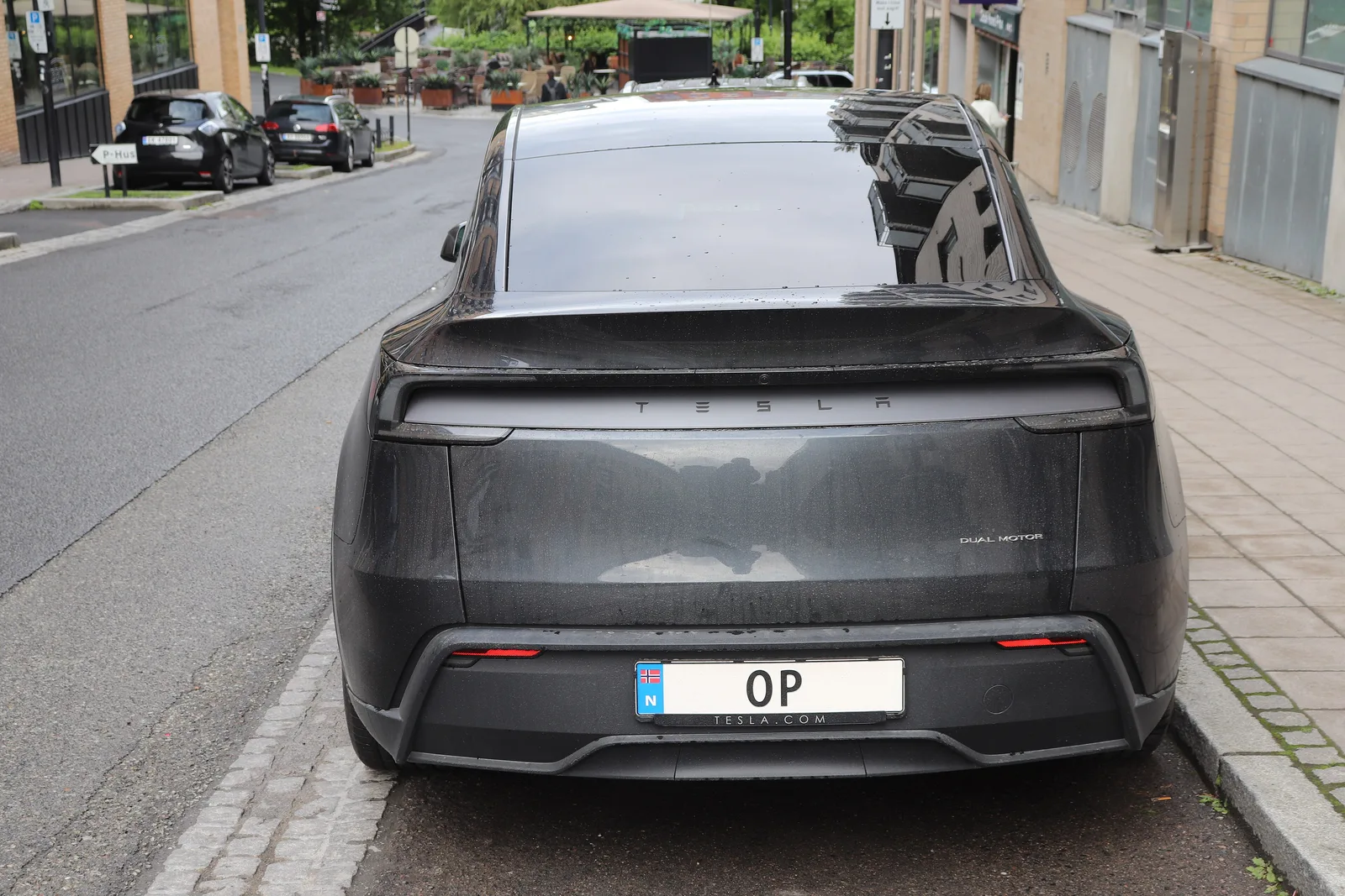 Sort Tesla Model Y set lige bagfra, parkeret ved kantstenen på en regnvåd gade med butikker og fortov